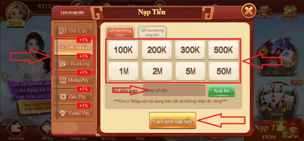 Hướng dẫn nạp tiền – rút tiền từ cổng game CF68